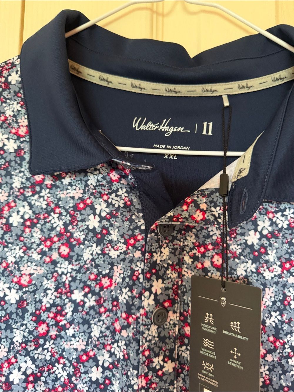 Walter Hagen Navy Floral Performance Polo with Pink Accents - Picture 6 of 7